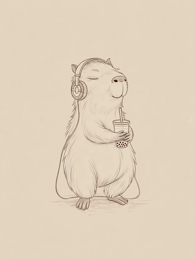 Chibi Capybara with Headphones and Bubble Tea