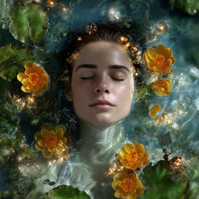 Dreamy Scene: Person in Water with Lilies