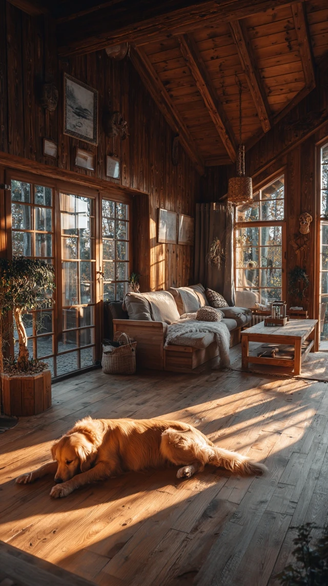 Cozy Wooden Living Room with Golden Retriever