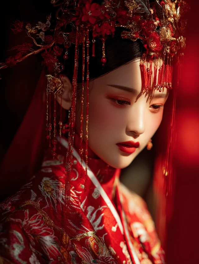 Elegant Woman in Red Wedding Dress