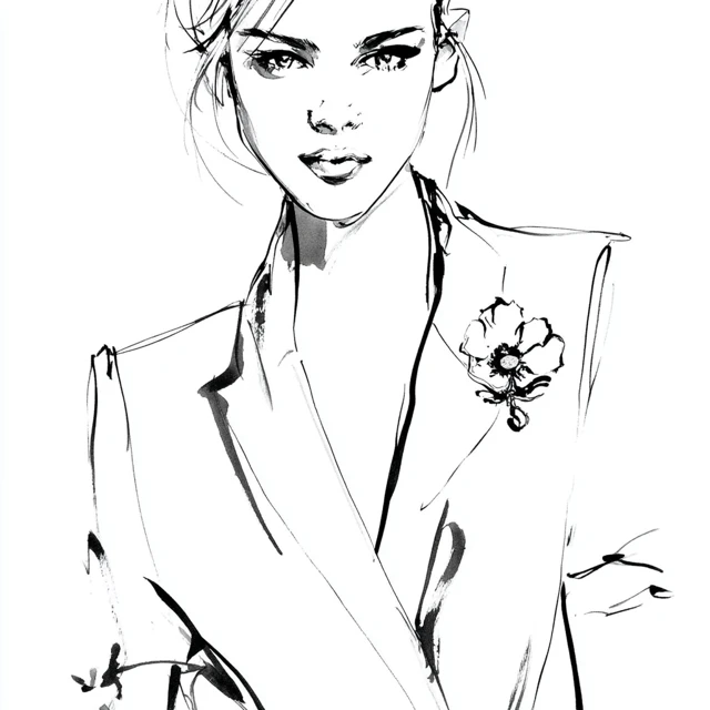 Fashion Illustration Woman with Floral Brooch