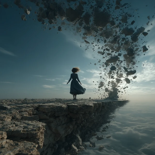 Woman on Collapsing Cliff Surreal Art