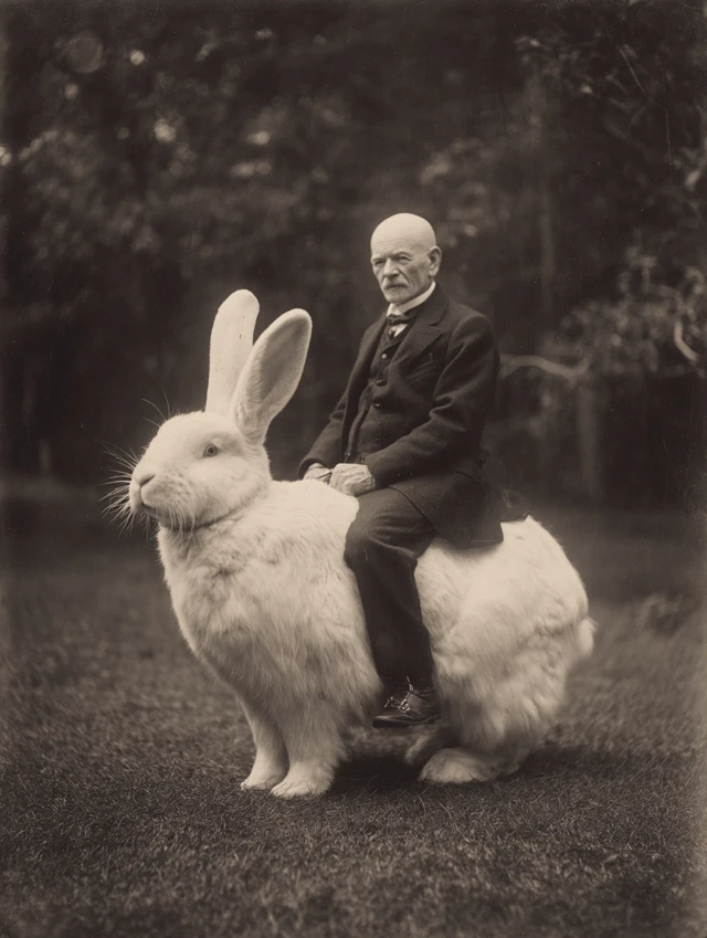 Vintage Photo: Man Riding Giant Rabbit