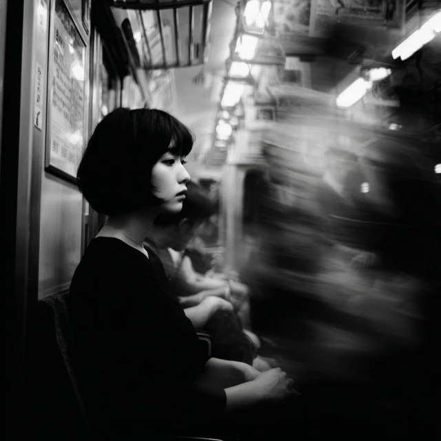 Japanese Woman on Train Stillness in Motion