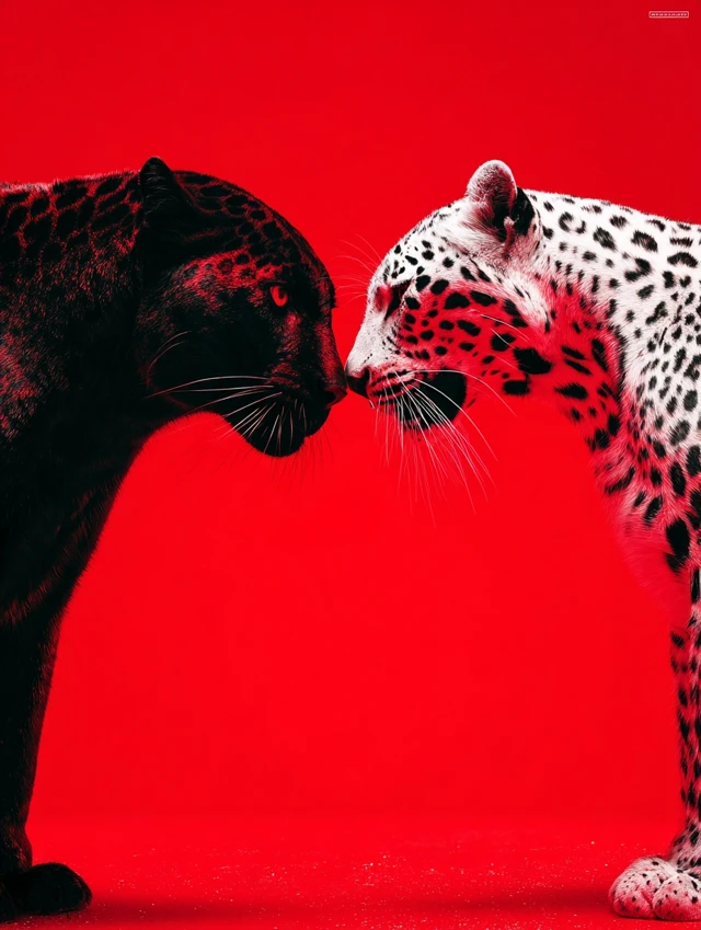 Leopards Confrontation Black White on Red