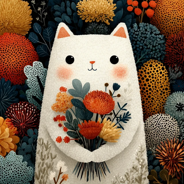 Cute Cartoon Cat with Flowers in a Spring Backdrop
