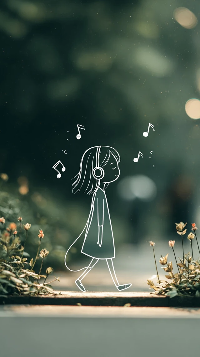 Girl Walking with Headphones Smiling and Listening to Music