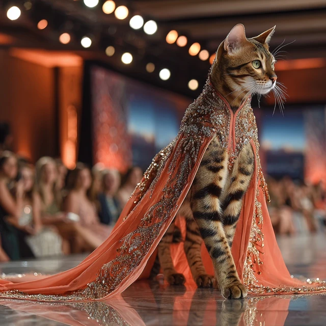 Bengal Cat in Couture Gown on the Runway
