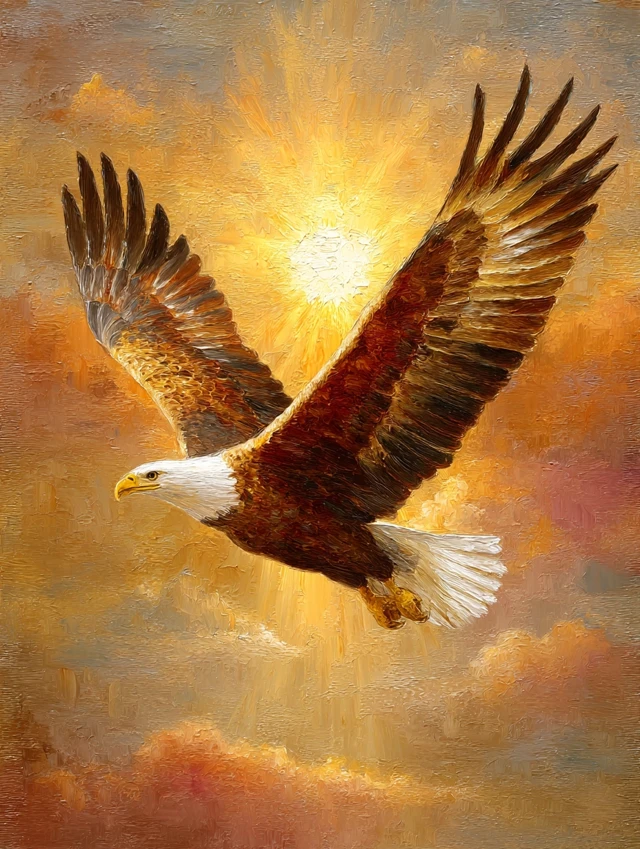 Majestic Eagle Soaring Through Sunset Oil Painting