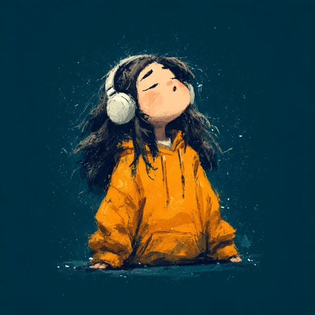 Cute Cartoon Girl with Headphones Listening to Music