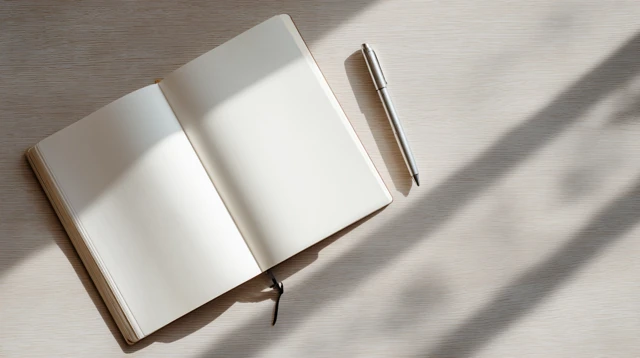 Notebook and Pen on White Wooden Desk