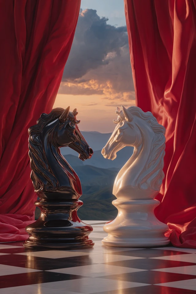 Chess Knight Confrontation Surreal Sunset Photo