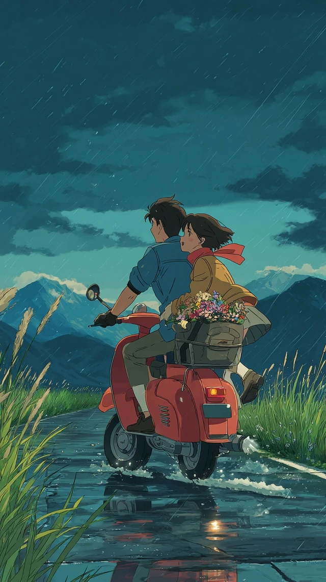 Anime Scooter Ride Rainy Night Romantic Landscape