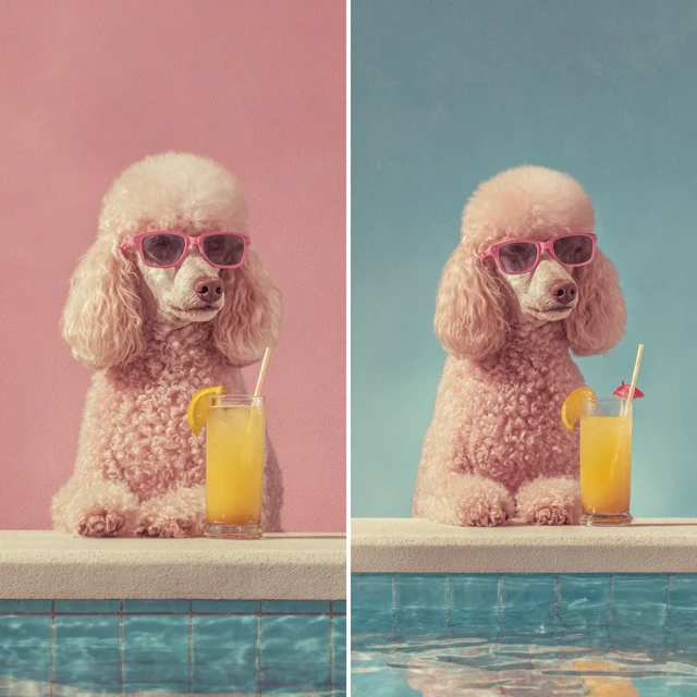 Pink Poodle Poolside with Cocktail Wes Anderson Style