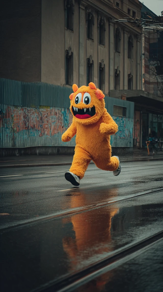Monster Mascot Runs in the Rain Street Photography
