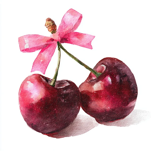 Heart Shaped Cherries with Pink Bows Illustration