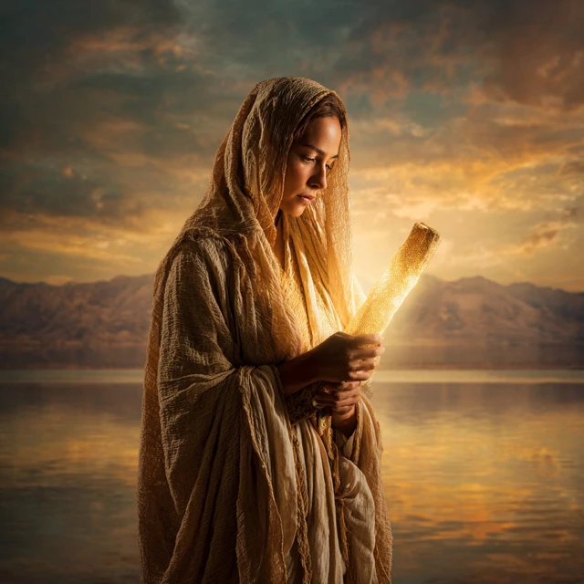 Woman in Bible Times with Light Scroll Sunset