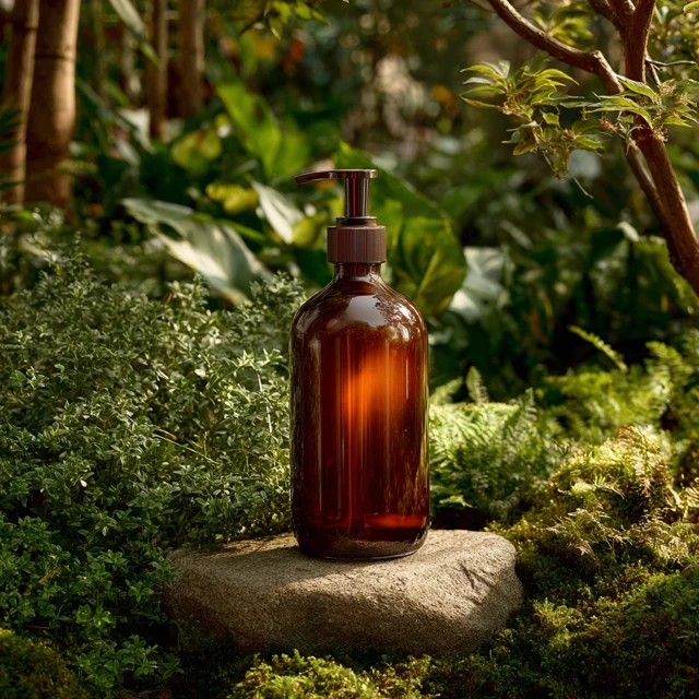 Amber Shampoo Bottle Mockup in Nature
