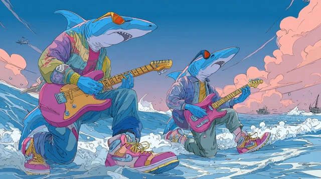 Shark Musicians Playing Guitars on Beach Art