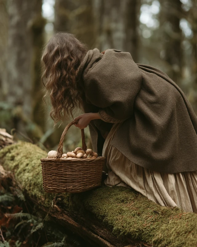 Cottagecore Forest Photo: Woman with Mushrooms