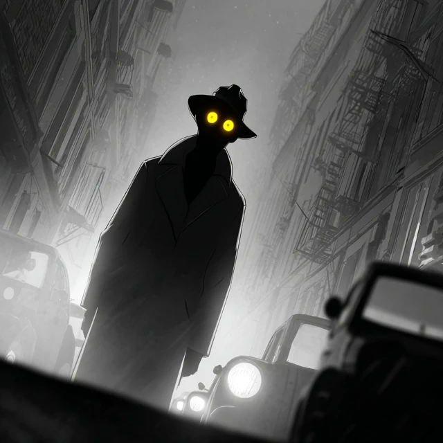 Noir Detective with Glowing Eyes in Foggy Street