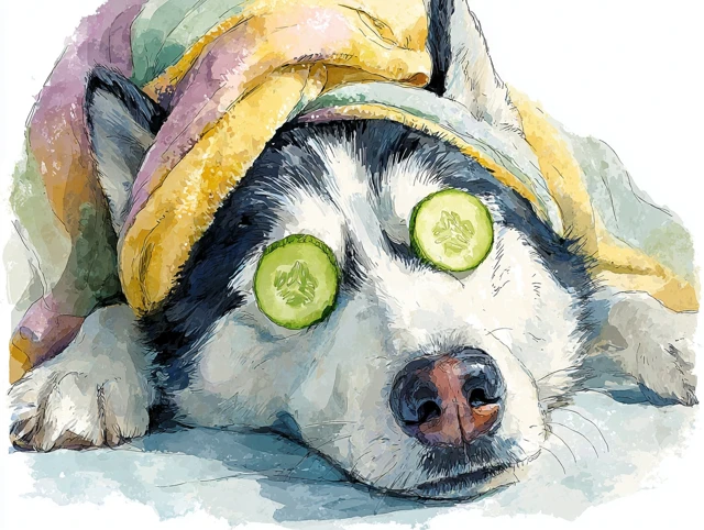 Husky Dog Spa Day Watercolor Art