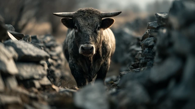 Raging Bull Crashing Through Stone Wall Stock Photo
