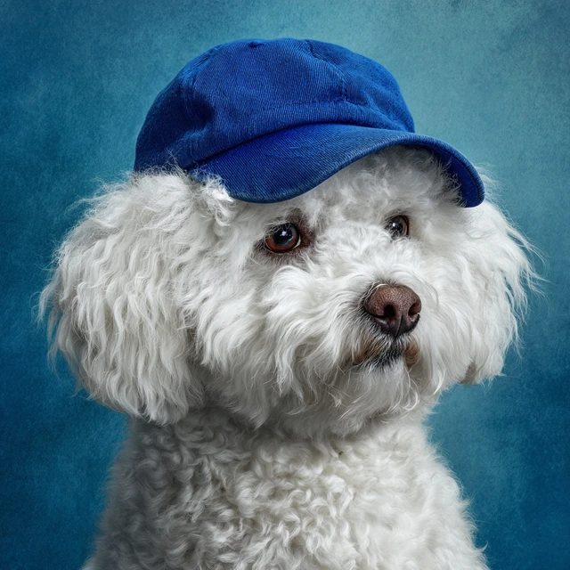 Bichon Frise Dog in Blue Cap Photorealistic
