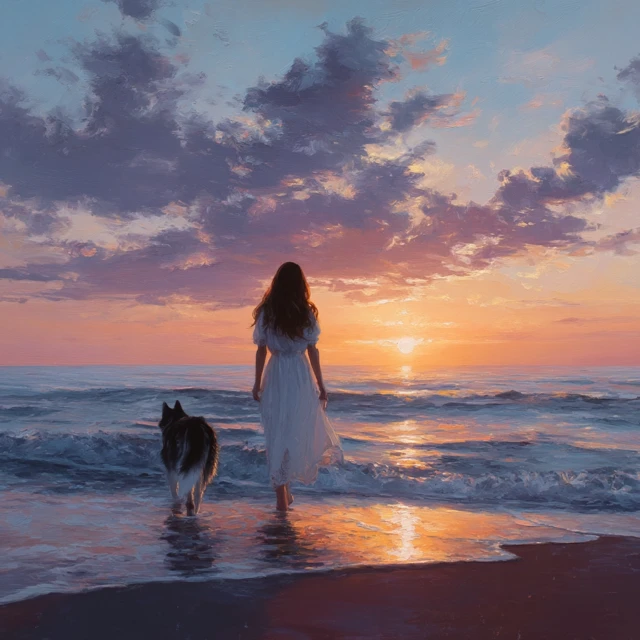 Girl Dog Sunset Beach Beautiful Scene