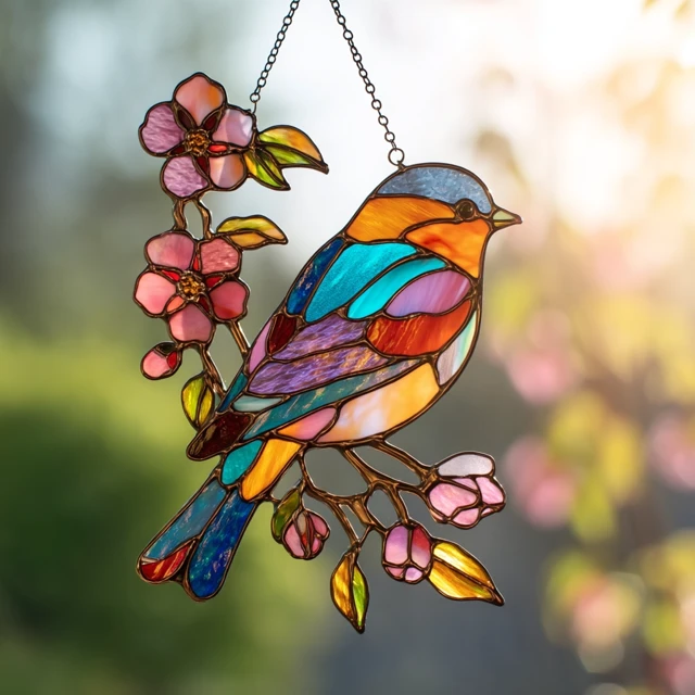 Stained Glass Songbird Suncatcher Colorful Bird Art
