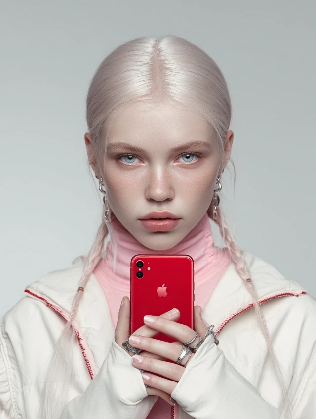 Beauty Model Holding Red iPhone Photorealistic