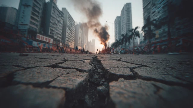 Hong Kong Apocalypse Cracked Ground and Smoke
