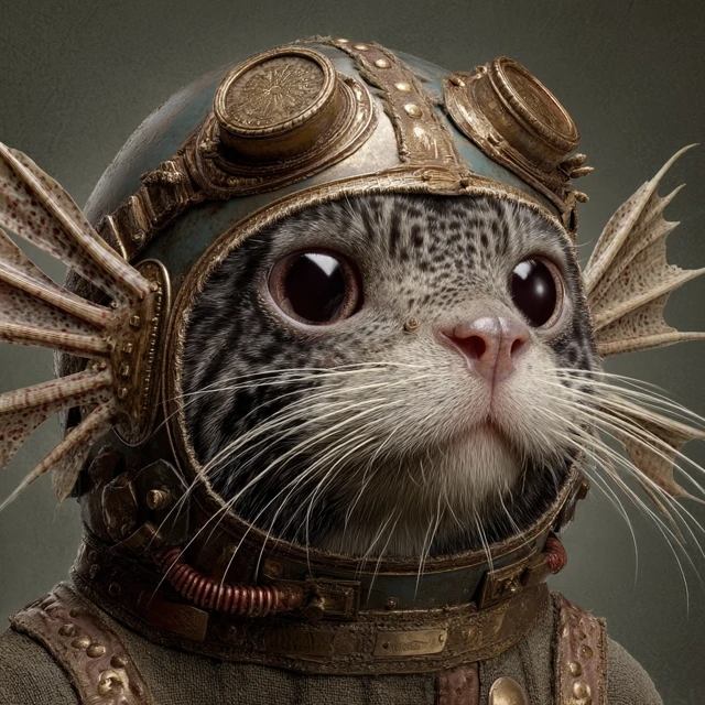 Catfish Cat in a Helmet Realistic Portrait