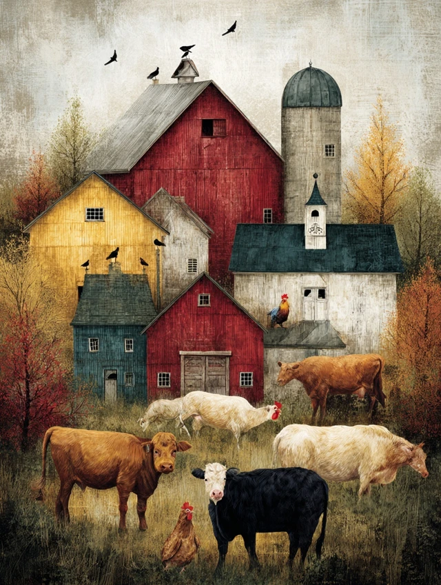 Whimsical Folk Art Farm Life Illustration