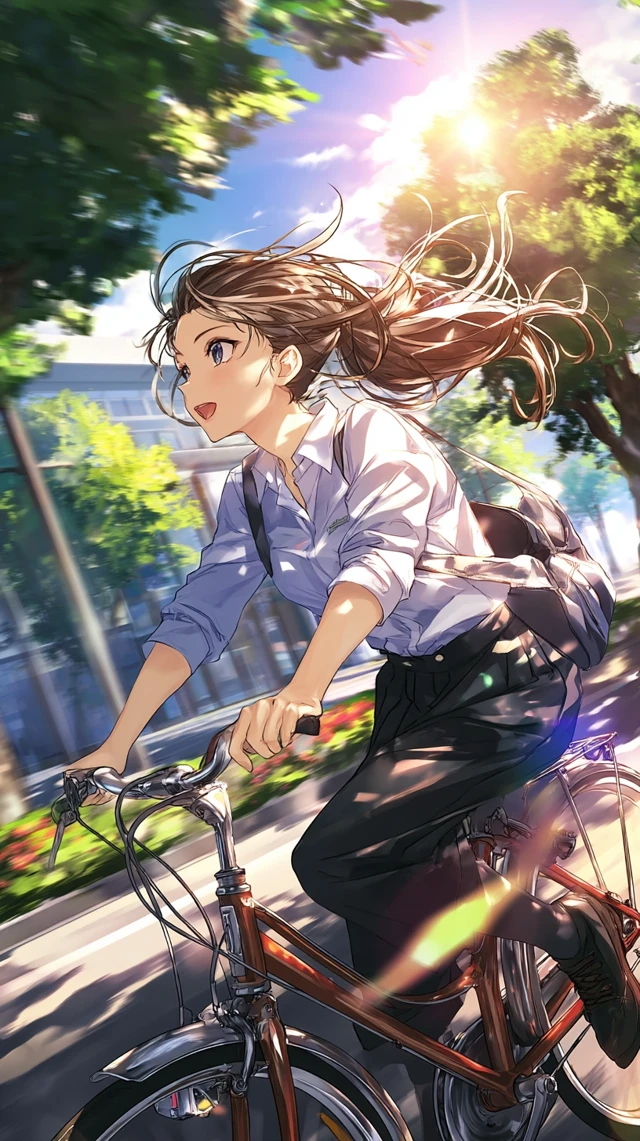 Anime Girl on Bicycle Golden Hour Illustration