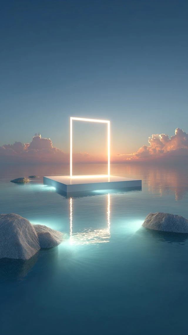 Glowing Neon Square Above Ocean Minimalist Design