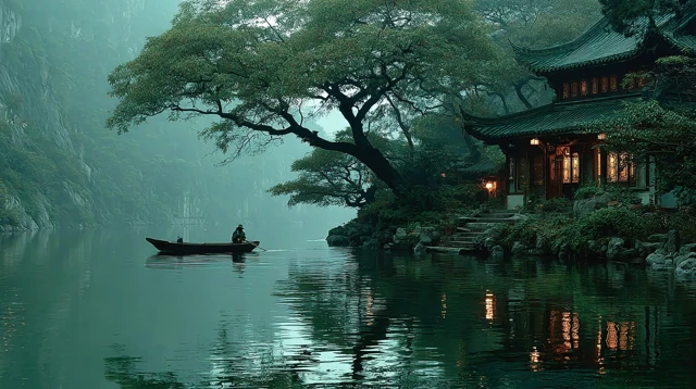 Serene Lake Scene Fisherman Boat Mountain Mist