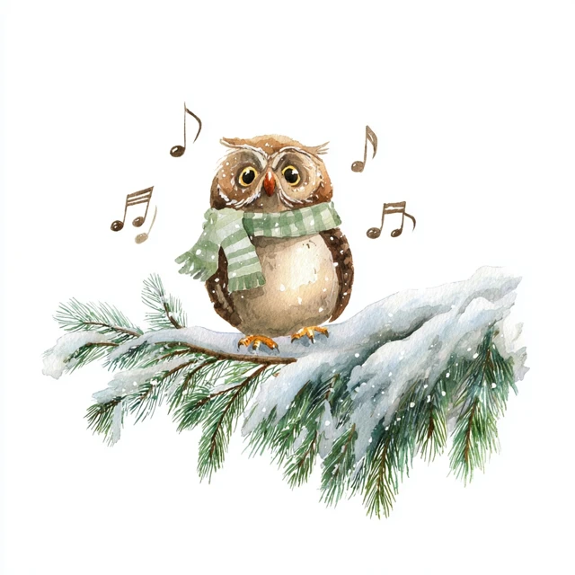 Cute Owl Christmas Carols Watercolor Illustration