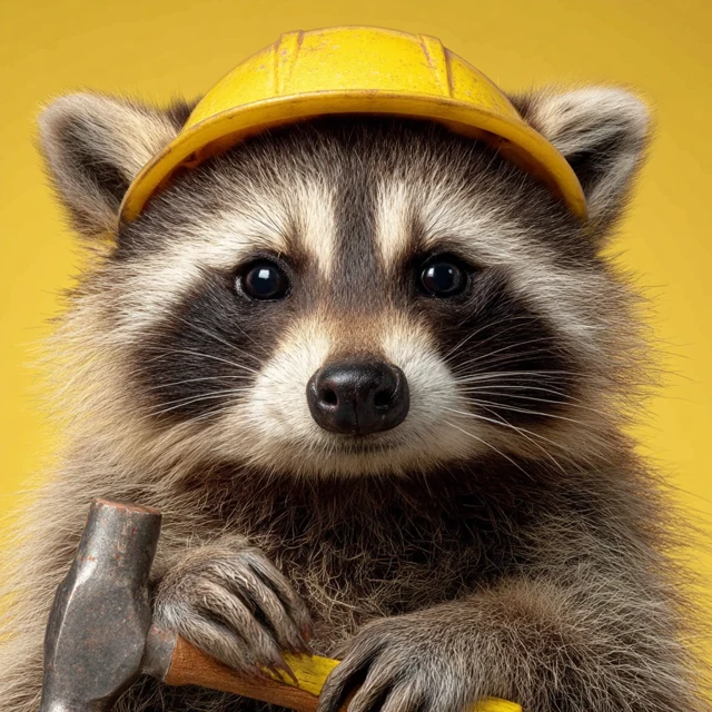 Photorealistic Raccoon in Hard Hat Holding Hammer