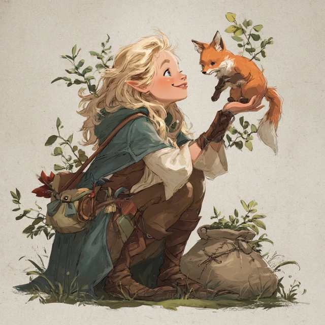 Half Elf Druid Girl and Fox Pet Art