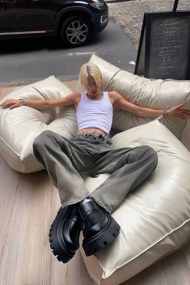 Cool Boy Relaxing in Oversized Jeans and Tank Top