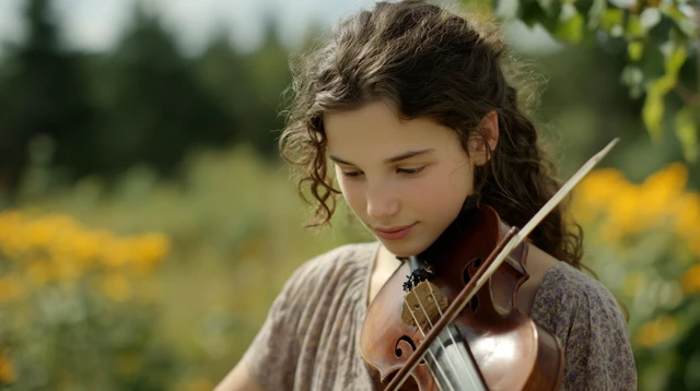 Young Woman Playing Violin in a Meadow