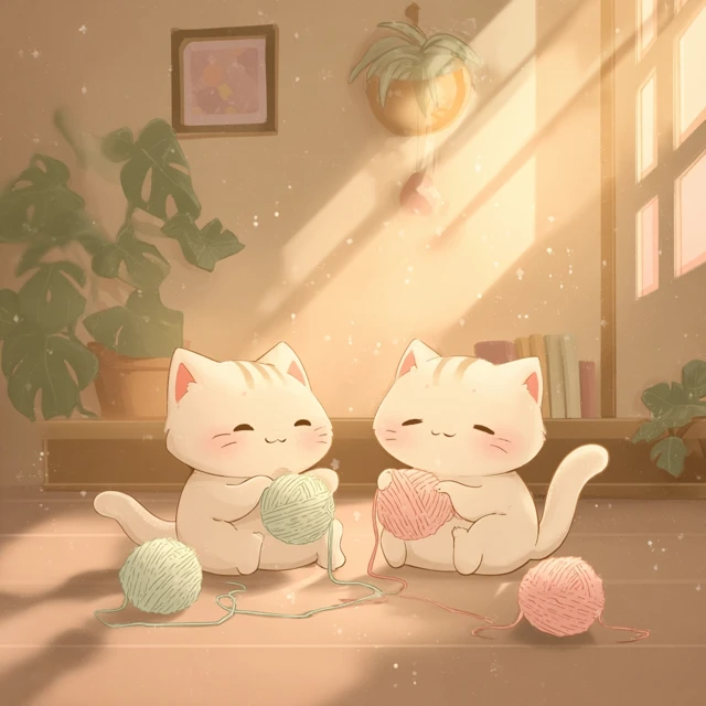 Kawaii Cats Playing with Yarn Pastel Cartoon Illustration