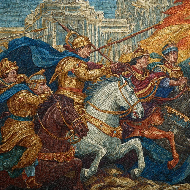 Roman Battle Scene Tiled Mosaic Art Deco