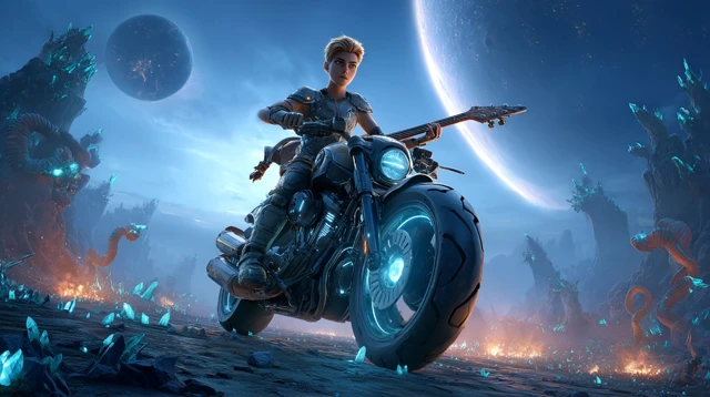 Futuristic Warrior on Motorbike Alien Planet 3D Render