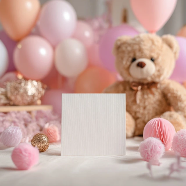 Blank Card Mockup with Balloons and Teddy Bear