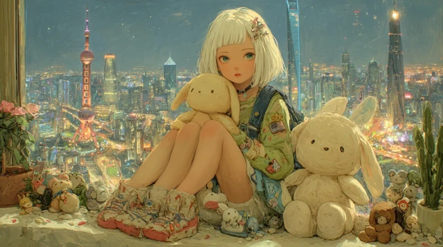 Anime Girl in Shanghai at Night