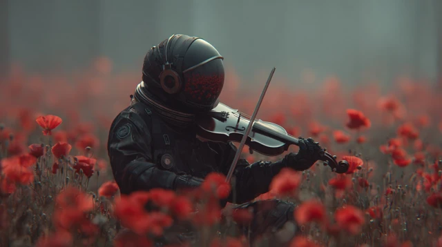 Astronaut Plays Violin in Poppy Field Cinematic
