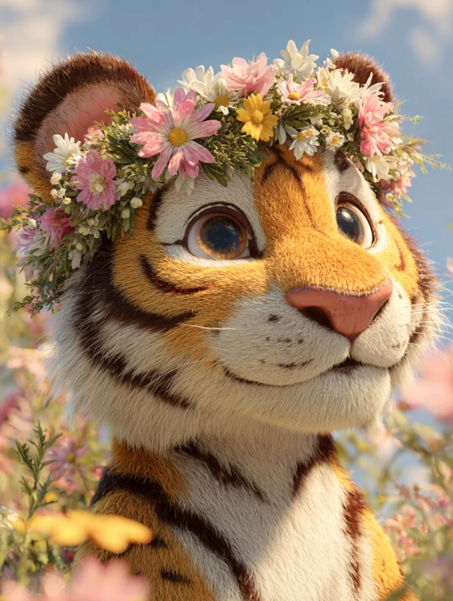 Cute 3D Cartoon Tiger with Flower Wreath
