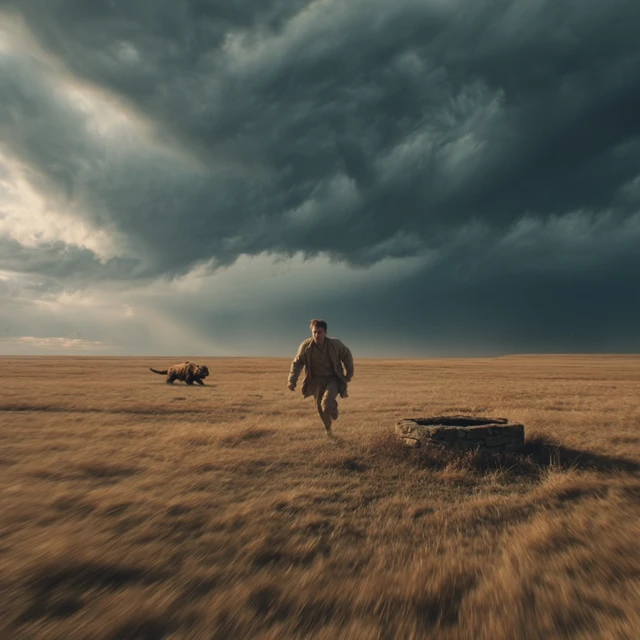 Terrified Traveler Russian Steppe Chased by Beast